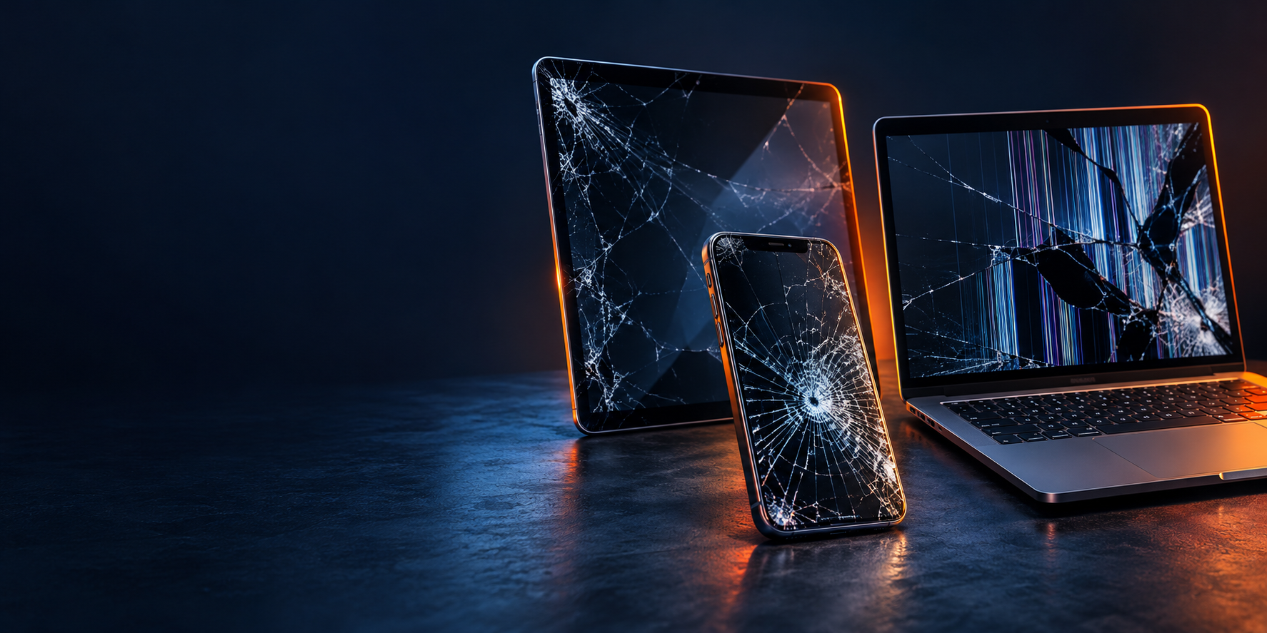 Rozbity smartfon, tablet i laptop w granatowo-pomarańczowym świetle